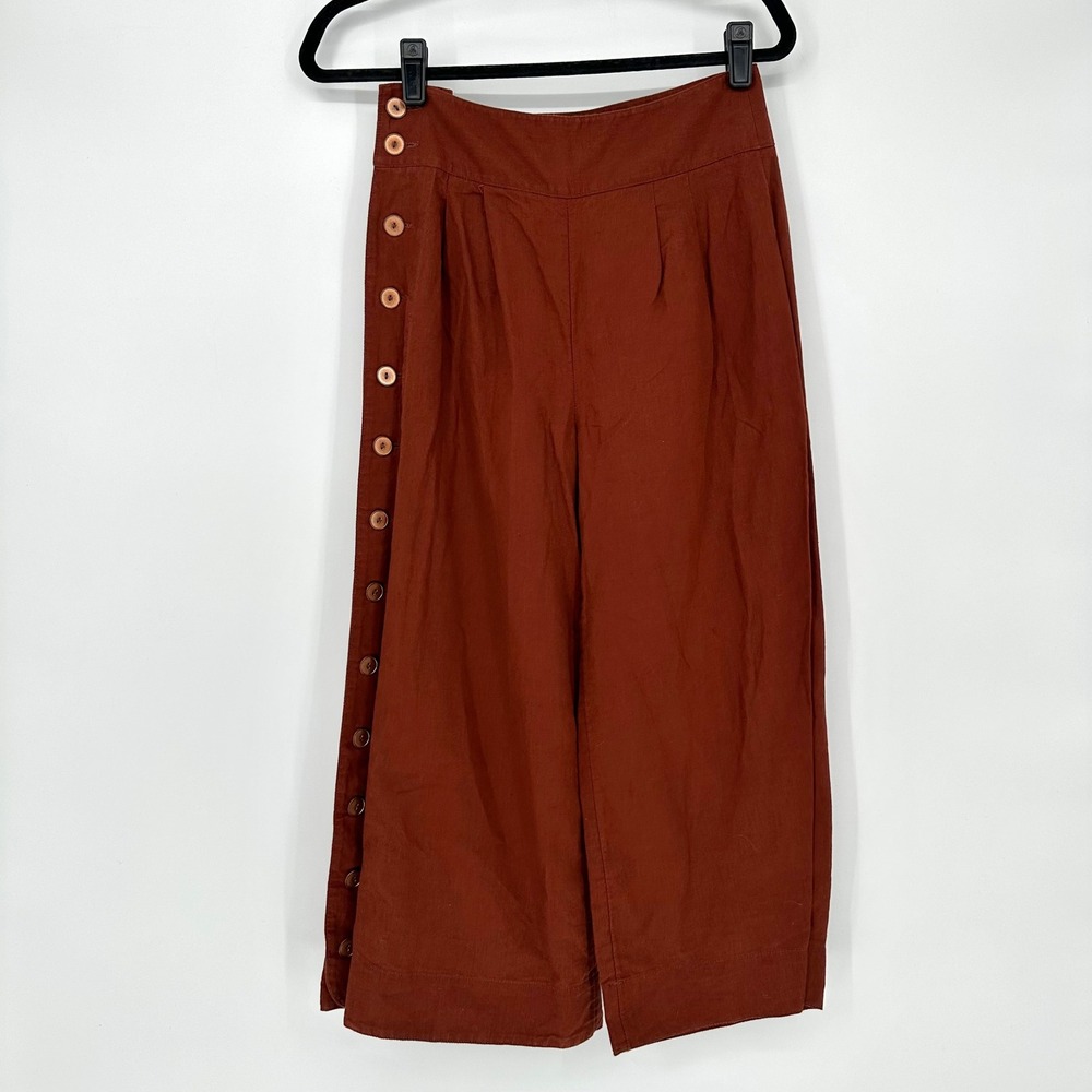 Anthropologie Rust Linen Blend Pleated Wide Leg Trouser Pants Button Croppep 0 P